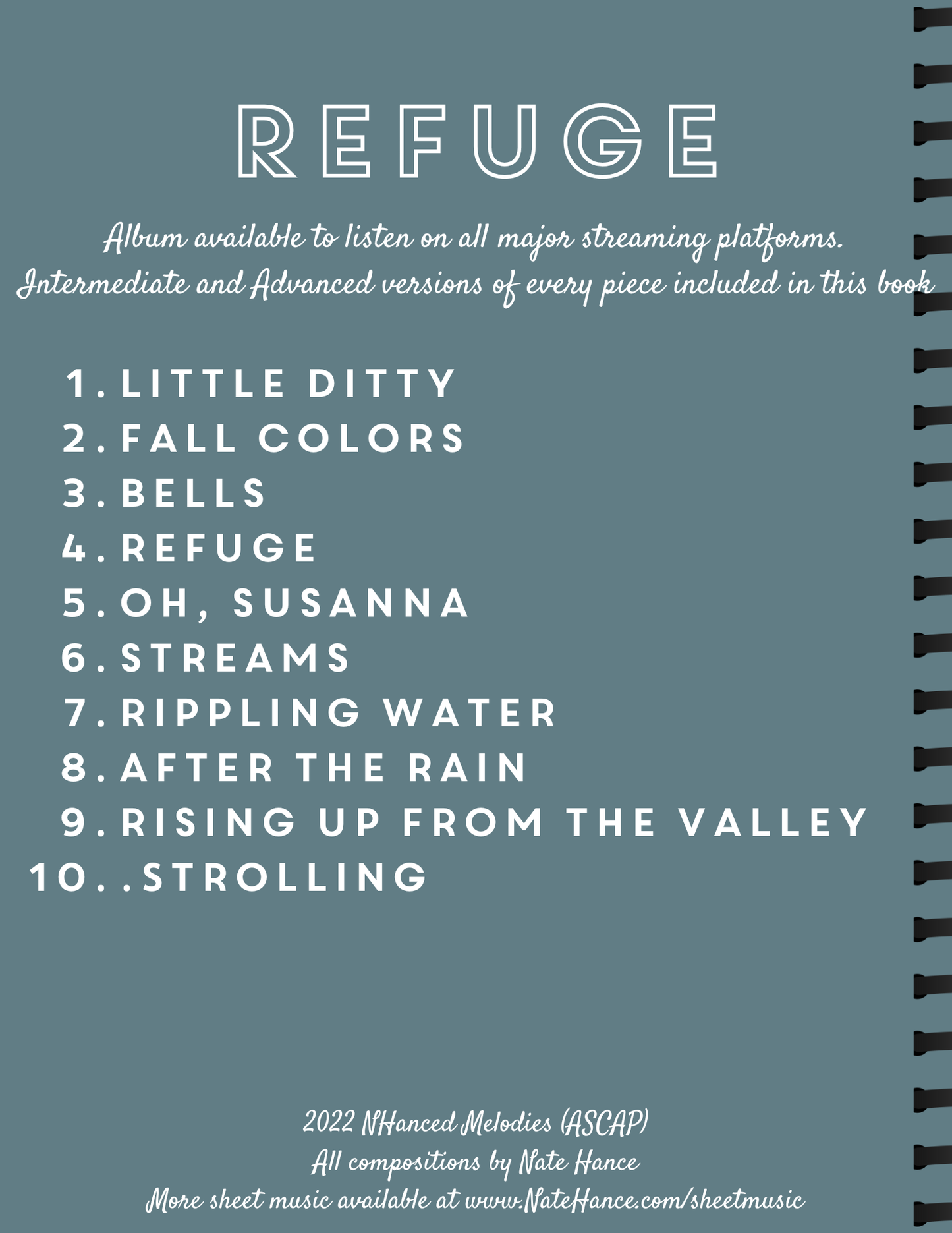 Refuge – Spiral-Bound Piano Sheet Music Book (Intermediate & Advanced Versions)