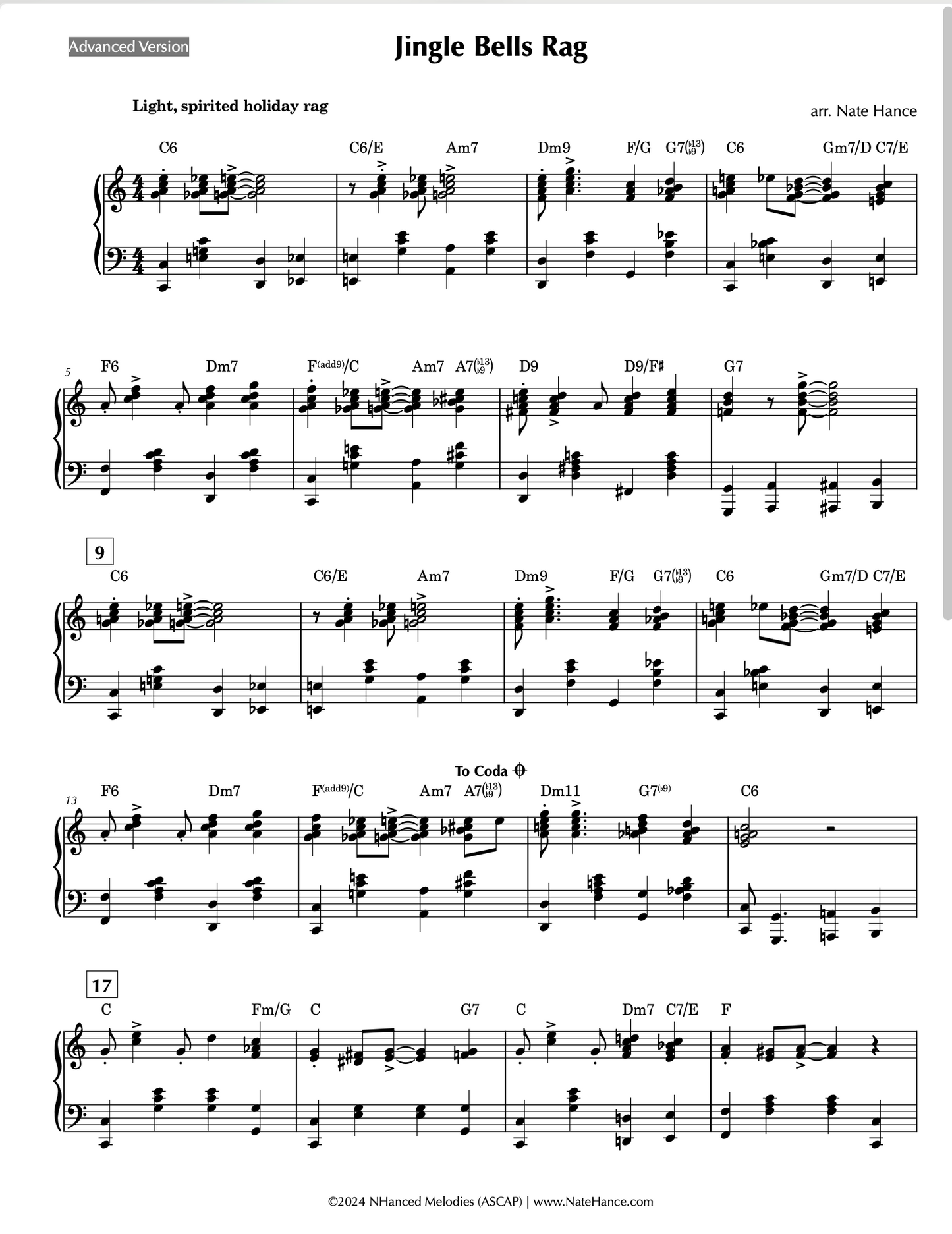 Jingle Bells Holiday Rag - Ragtime Piano Solo