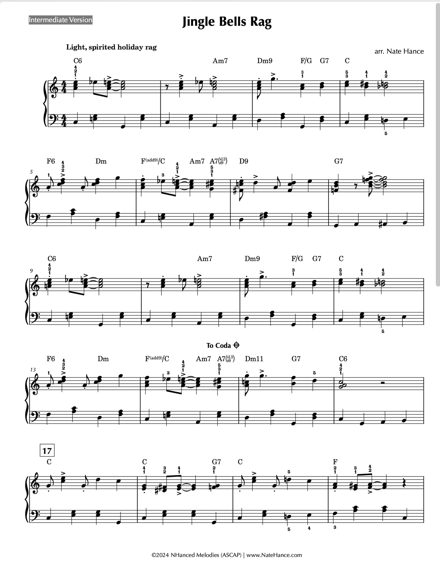 Jingle Bells Holiday Rag - Ragtime Piano Solo